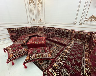 U-Shaped Arabic Majlis Sofa Set: Ethnic Floor Seating, Ottoman Couch Rug