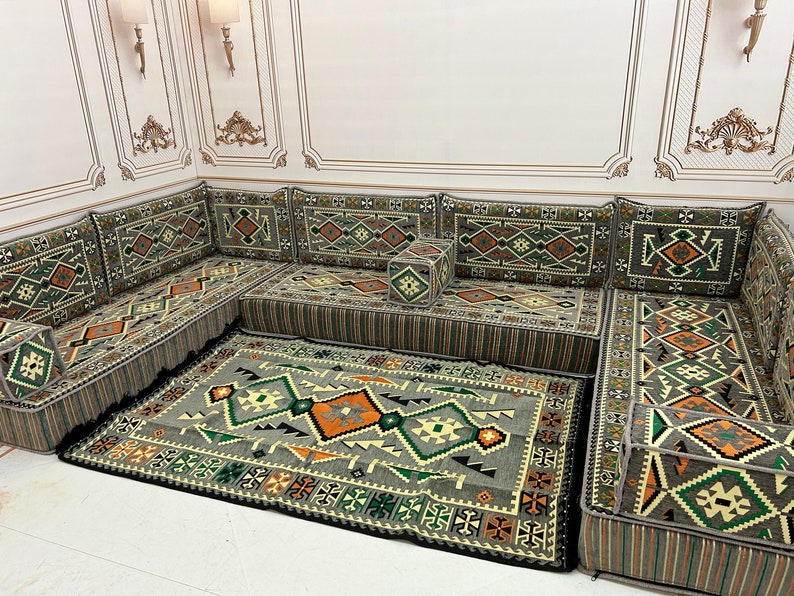 Canapé en forme de U, gris anatolien, canapé arabe de 20 cm 8 po., décoration de salon traditionnelle, canapé coussin de sol, canapé de sol arabe U Sofa + Rug