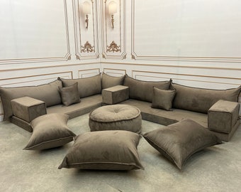 4" dickes, L-förmiges, einzigartiges Mokka-modernes Wohnzimmer-Samt-Bankkissen, Boho-Design-Couch, arabisches Majlis-Sofa, modernes Wohnzimmer-Sofa