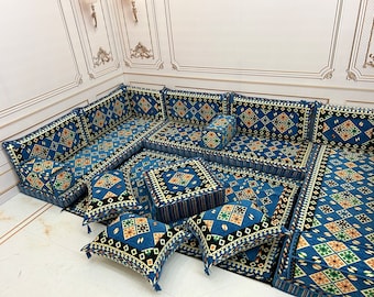 Navy Blue Arabic Majlis Sofa Set: Ethnic Floor Seating