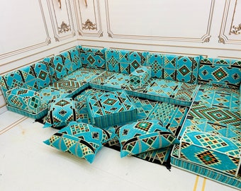 Turquoise Arabic Majlis Sofa: U-Shaped Floor Seating Set