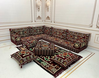 4" Thick L Shaped Burgundy Sofa,Arabic Majlis,Sectional Sofa,Living Room Home Decor,Arabic Majlis Sofa,Anatolian,Turkish Floor Seating Set