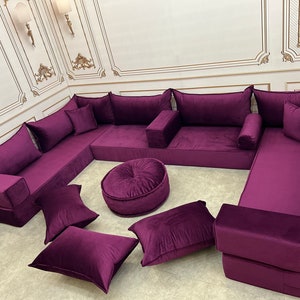 Unique Magic Purple Handmade Stylish Modern Living Room, Boho Floor Sofa, U Shaped Arabic Sofa Set, Custom Made Sofa,Velvet Floor Sofa image 2