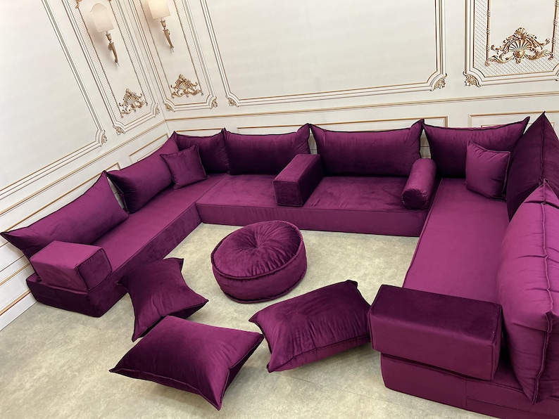 Unique Magic Purple Handmade Stylish Modern Living Room, Boho Floor Sofa, U Shaped Arabic Sofa Set, Custom Made Sofa,Velvet Floor Sofa image 2