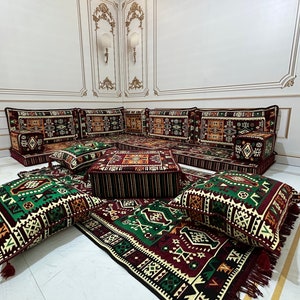 Authentic Anatolian L Shaped Arabic Sofa Floor Seating Couch,Traditional Living Room Decor,Floor Cushion Couch,Sofa Couch-4&quot; THICK