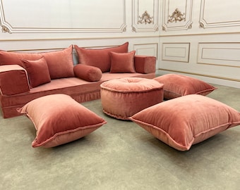 Salmon Velvet Floor Cushion Set: Luxury Modular Seating