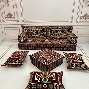 Arabic Floor Seating Sofa Set: Kilim Rug, Cushions & Ottoman