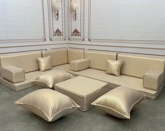 Honeycomb Gold Details Vintage Pattern Luxury L Shaped Authentic Arabic Living Room Sofa Set 4" Thick,Floor Seating Set,Unique Pattern