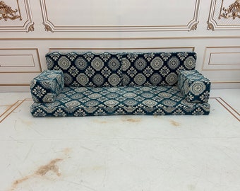 4'' Thick Unique Ocean Blue Velvet With Snowflake Motif,Velvet Floor Cushion,Velvet Floor Sofa,Velvet Sofa Ocean Blue,Velvet Sofa,Unique