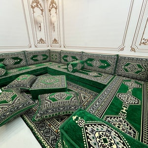 8&quot; Thick Emerald U Shaped Arabic Sofa Set,Arabic Majlis,Floor Cushions,Terrace Furniture,Sectional Sofa,Patio Furniture,Bench Cushions