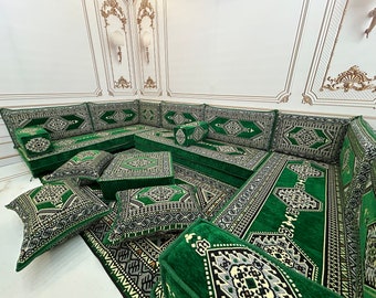 8&quot; Thick Emerald U Shaped Arabic Sofa Set,Arabic Majlis,Floor Cushions,Terrace Furniture,Sectional Sofa,Patio Furniture,Bench Cushions