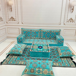 Arabic Floor Seating Sofa Set: Kilim Rug, Cushions & Ottoman