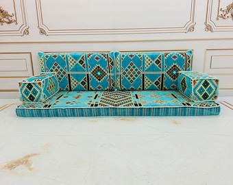 4" Thick Turquoise Palm Design Loveseat Sofa,Arabic Majlis,Sectional Sofa,Living Room Home Decor,Boho Floor Couch,Arabic Floor Seating