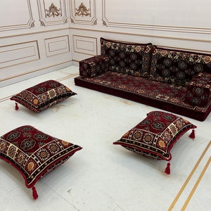 4 Thick Ethnic Floor Cushion Seating Couch,Arabic Sofa,Sectional Sofa,Ottoman Couch, Kilim Rug,Turkish Floor Sofa Set,Sofa Ottoman Rug zdjęcie 9