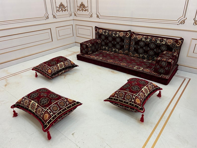 4 Thick Ethnic Floor Cushion Seating Couch,Arabic Sofa,Sectional Sofa,Ottoman Couch, Kilim Rug,Turkish Floor Sofa Set,Sofa Ottoman Rug zdjęcie 9