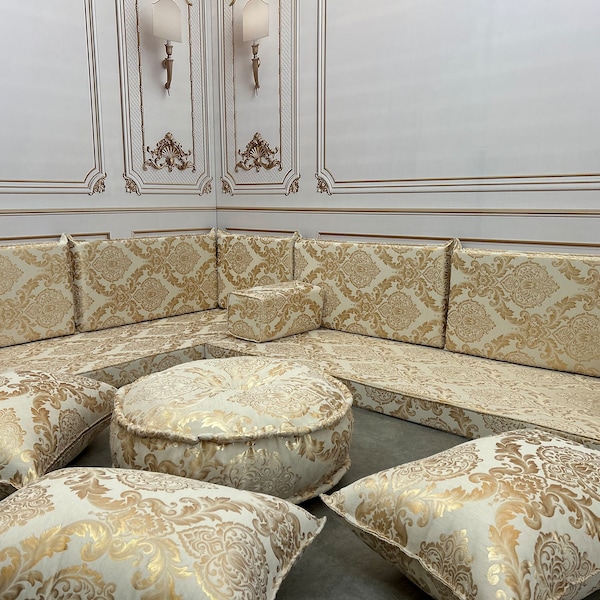 Luxury L Shaped Gold Color Detailed Authentic Arabic Living Room Sofa Set, Floor Seating Set, Sectional Sofa, Floor Couch, Corner Floor Sofa
