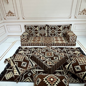 Brown Arabic Floor Seating Set: 4&quot; Thick Cushions, Ottoman, Rug