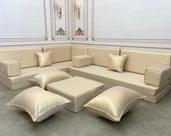 L-förmiges Sofa-Set, 20,3 cm dick, Vintage-Muster, Wabenmuster, goldene Details, luxuriöses Boden-Sitzkissen, Couch, arabisches Bodenkissen, arabisches Bodensofa