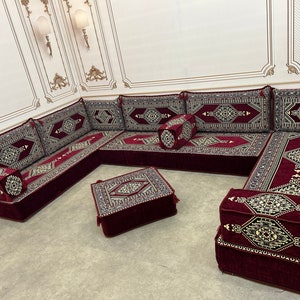 Arabic Sofa 8 inch Maroon Color U Shaped,Arabic Majlis,Arabis Sofa Floor Seating Set,Arabic Sofa Set,Arabic Sofa,Bench Cushions U Sofa + Ottoman