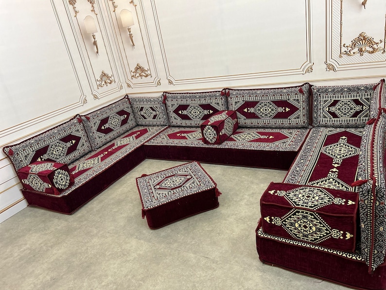 Arabic Sofa 8 inch Maroon Color U Shaped,Arabic Majlis,Arabis Sofa Floor Seating Set,Arabic Sofa Set,Arabic Sofa,Bench Cushions U Sofa + Ottoman