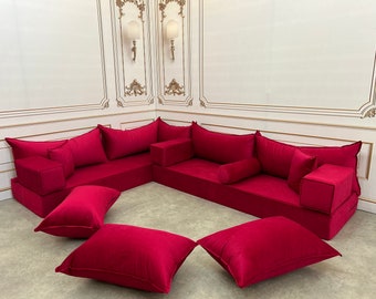 8" Single Thick L Shaped Sofa Unique Fuchsia Color Velvet Sofa Floor Cushion Set,Boho Floor Sofa,L Shaped Velvet Sofa Set, Custom Made Sofa