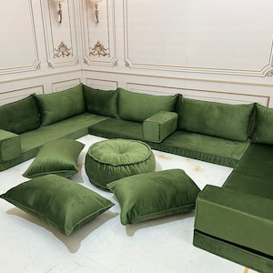 4&quot; Thick U Shaped Luxury Green Soft Velvet Bench Cushion,Boho Design Couch,Arabic Style Majlis Sofa,Modern Livingroom Sofa,Velvet Sofa