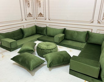 4" Thick U Shaped Luxury Green Soft Velvet Bench Cushion,Boho Design Couch,Arabic Style Majlis Sofa,Modern Livingroom Sofa,Velvet Sofa