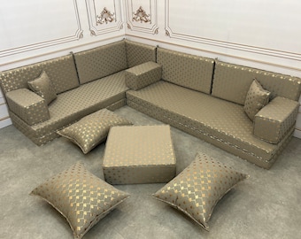 Graues Hijaz-Modell mit goldenem Muster, luxuriöses L-förmiges, detailliertes, authentisches arabisches Wohnzimmer-Sofaset, Bodensitzset, Anbausofa