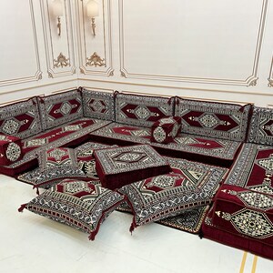 Maroon Arabic Majlis Sofa Set: U-Shaped Floor Seating