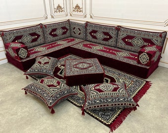 Canapé arabe 20 cm couleur marron en forme de L, Majlis arabe, Ensemble de sièges au sol pour canapé arabe, Ensemble de canapé arabe, Canapé arabe, Coussins de banc