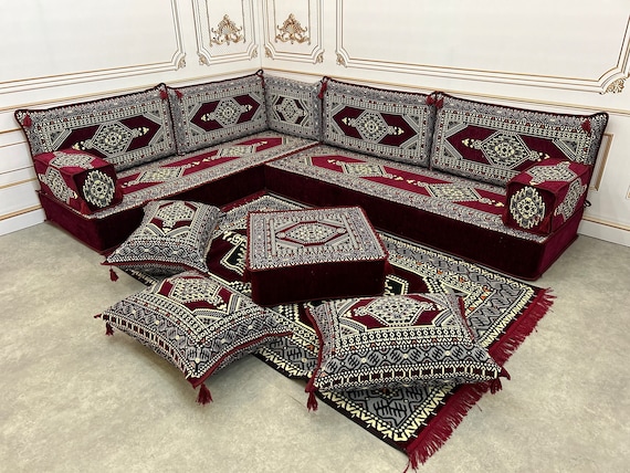 Maroon Arabic Sofa Set: L-Shaped Majlis Floor Seating