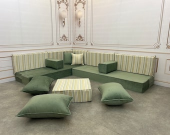 Water Green Color Stripe Pattern Color Matched Backrests Modern Living Room L Shaped 8 inch Thick Floor Seating Cushion Sofa Set, Soft Touch