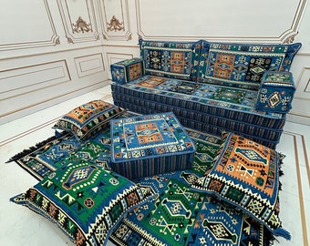 12" Thick Bodrum Milas Blue Arabic Sofa,Arabic Majlis,Sectional Sofa,Living Room Home Decor,Arabic Majlis Sofa,Anatolian,Ottoman Couch Rug