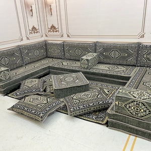Authentic Grey U Shaped Arabic Sofa Floor Seating Couch,Traditional Living Room Decor,Floor Cushion Couch,Sofa Couch-8&quot; THICK