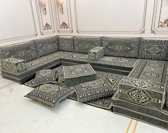 Grey Arabic Sofa Set: U-Shaped Floor Seating, Traditional Decor