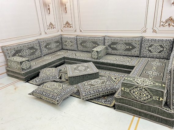 Grey Arabic Sofa Set: U-Shaped Floor Seating, Traditional Decor