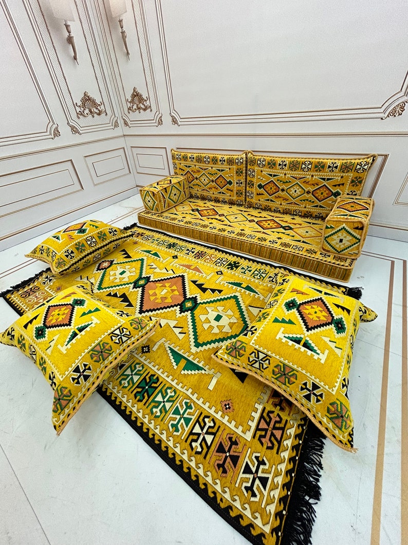 Majlis Rug Yellow Arabic Majlis Sofa Set: Floor Seating, Ottoman & Rug - Etsy