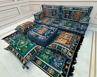 Divano con cuscino da pavimento blu Bodrum Milas da 4" di spessore, divano arabo, divano componibile, divano ottomano, tappeto Kilim, set di divani da pavimento turco