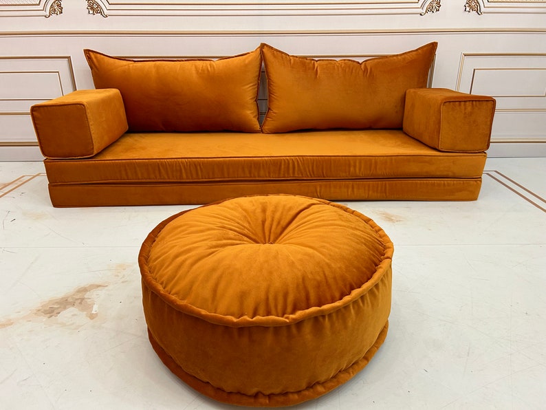 8'' Thick Unique Mustard Color Luxury Velvet Floor Seating Cushion Couch,Velvet Floor Cushion,Velvet Floor Sofa,Velvet Floor Couch zdjęcie 7