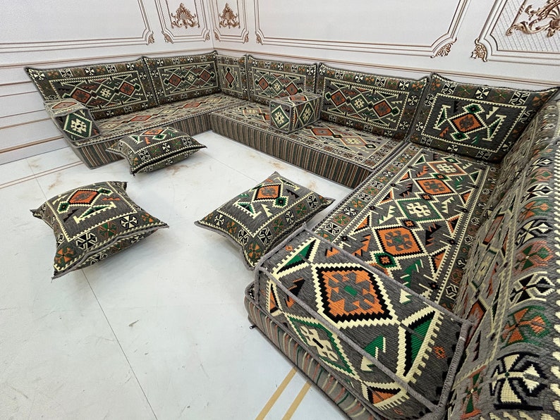 Canapé en forme de U, gris anatolien, canapé arabe de 20 cm 8 po., décoration de salon traditionnelle, canapé coussin de sol, canapé de sol arabe U Sofa Pillow