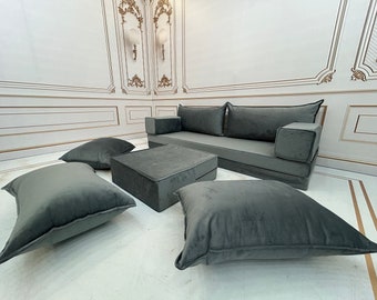 4+4" Thick Magic Anthracite Color Luxury Velvet Floor Seating Cushion Couch,Velvet Floor Cushion,Velvet Floor Sofa,Velvet Floor Couch