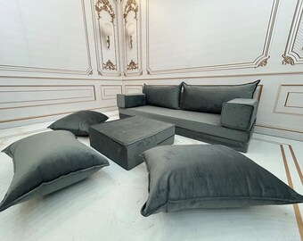 Anthracite Velvet Floor Seating Cushion Couch: Luxury Modular Sofa Set