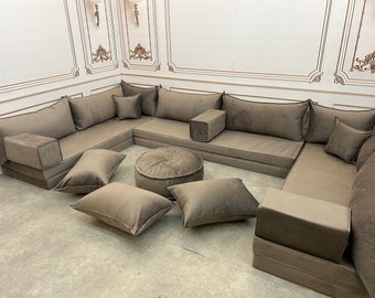 Mocha Velvet U-Shaped Majlis Sofa Set: Arabic Floor Seating