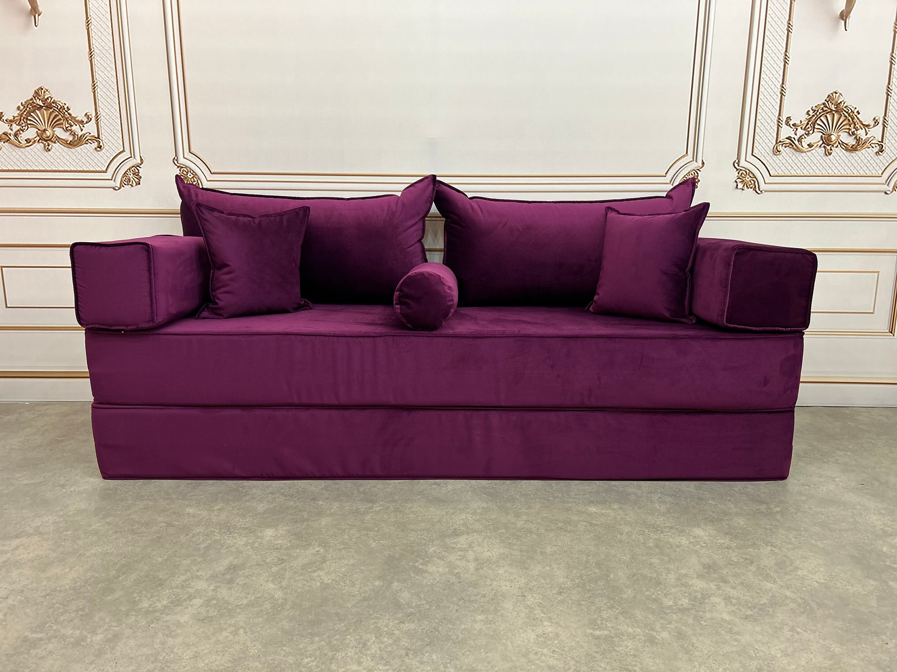 パープルベルベットフロアシートクッションソファ：10ピースモジュラー