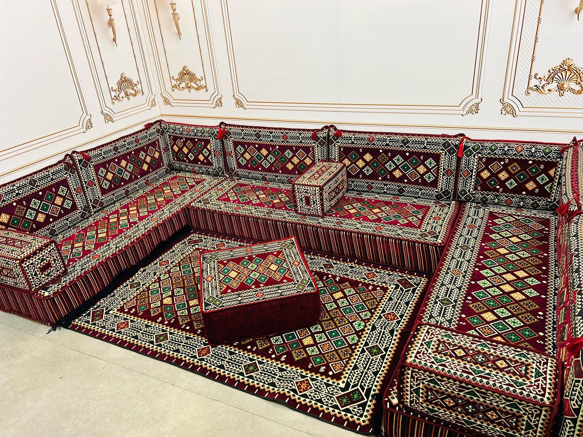 Majlis Rug Burgundy Arabic Majlis: U-shaped Floor Seating Set With Geometric Rug ...