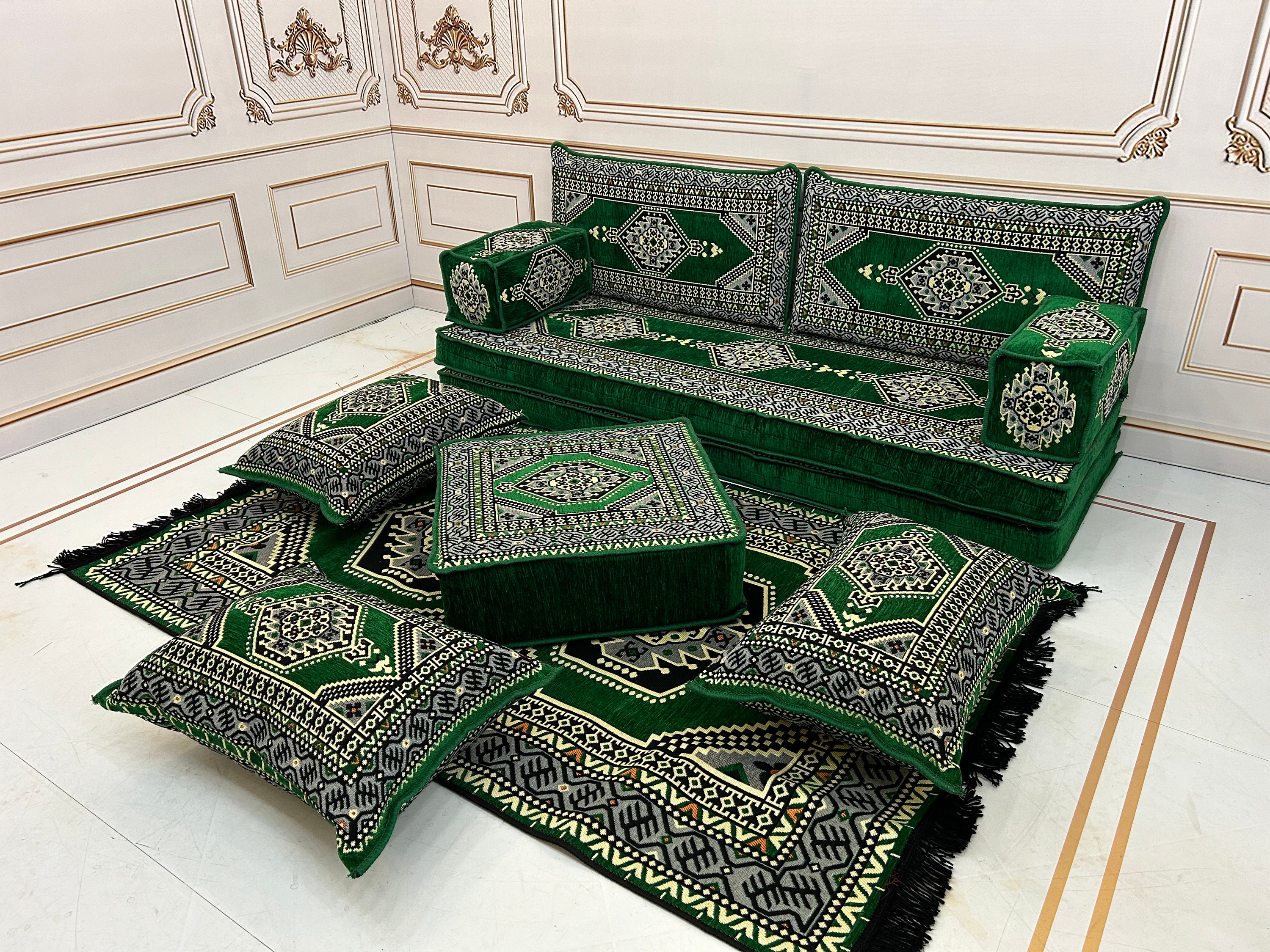 Majlis Rug Emerald Green Arabic Majlis Sofa Set: Floor Seating, Ottoman & Rug - Etsy