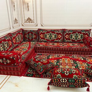 Red Arabic Floor Sofa Set: 8&#39;&#39; Thick L-Shape Sectional