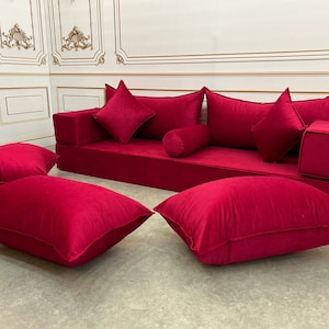 Handmade Fuchsia Velvet Floor Sofa Set: Modern Boho Living Room