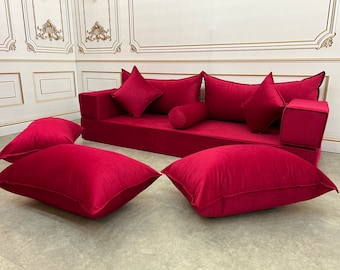 Unique Fuchsia Color Handmade Stylish Modern Living Room , Boho Floor Sofa, Arabic Sofa Set, Custom Made Sofa,Velvet Floor Sofa