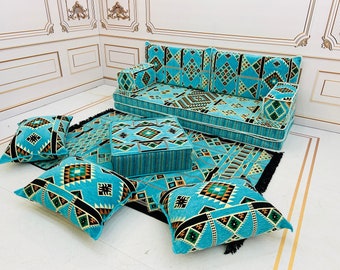 Arabic Sofa 8 inch Turquoise Palm Design,Arabic Majlis,Sectional Sofa,Living Room Home Decor,Arabic Majlis Sofa,Anatolian,Ottoman Couch Rug